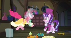 Size: 657x356 | Tagged: safe, screencap, pinkie pie, snowfall frost, spirit of hearth's warming presents, starlight glimmer, a hearth's warming tail, g4, my little pony: friendship is magic, discovery family logo, pinkie sense