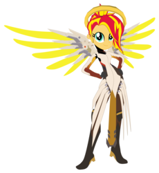 Size: 1600x1740 | Tagged: safe, artist:sonofaskywalker, sunset shimmer, equestria girls, g4, alternate hairstyle, circe luna, crossover, female, latin american, mercy, overwatch, shimmercy, solo, voice actor joke