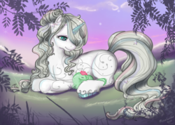 Size: 600x428 | Tagged: safe, artist:silvermoonbreeze, princess silver swirl, zip-zip, dragon, pony, unicorn, g2, 2016, colored hooves, colored horn, female, hair bun, horn, lidded eyes, looking at someone, lying down, mare, prone, signature, unshorn fetlocks