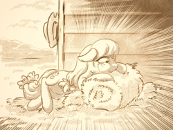 Size: 2200x1650 | Tagged: safe, artist:kovoranu, applejack, g4, crying, female, hay bale, monochrome, sad, solo