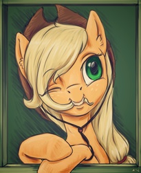 Size: 2300x2800 | Tagged: safe, artist:kovoranu, applejack, earth pony, pony, g4, bust, chewing, cowboy hat, cute, ear fluff, female, grin, hat, high res, jackabetes, nom, portrait, silly, silly pony, smiling, solo, stetson, who's a silly pony, wink