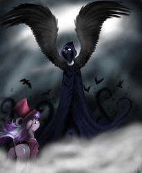 Size: 3506x4248 | Tagged: safe, artist:vinicius040598, princess luna, snowfall frost, spirit of hearth's warming yet to come, starlight glimmer, pony, a hearth's warming tail, g4, clothes, female, glowing eyes, hat, high res, mare, ravens, scene interpretation, spread wings, wings