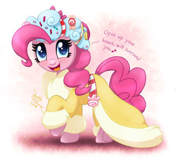 Size: 1750x1600 | Tagged: safe, artist:joakaha, pinkie pie, spirit of hearth's warming presents, a hearth's warming tail, g4, clothes, cute, dialogue, diapinkes, female, lyrics, open mouth, signature, singing, solo