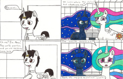 Size: 1024x658 | Tagged: safe, artist:eternaljonathan, princess celestia, princess luna, oc, oc:nemo, comic:a new twist, g4, chubby, comic, guardian, horn, horn ring, royal sisters, science fiction, traditional art