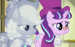 Size: 628x394 | Tagged: source needed, useless source url, safe, screencap, applejack, snowfall frost, spirit of hearth's warming past, starlight glimmer, a hearth's warming tail, g4, animated, clothes, discovery family logo, embarrassed, female, floppy ears, frock coat, grin, hat, jabot, lidded eyes, loop, pince-nez, smiling, smirk, squee, top hat