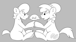 Size: 2719x1512 | Tagged: safe, artist:sidekick, earth pony, pony, clothes, dialogue, doppelganger, grayscale, hat, holding hooves, looking at each other, male, monochrome, scarf, sitting, sketch, stallion, unshorn fetlocks