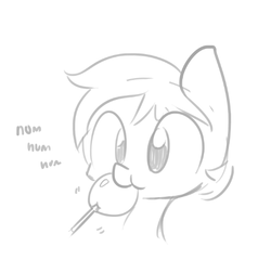 Size: 569x546 | Tagged: safe, artist:tjpones, oc, oc only, pony, black and white, bust, candy, cute, food, grayscale, lollipop, monochrome, nom, portrait, simple background, sketch, solo, white background