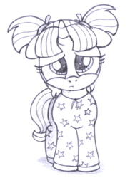 Size: 1876x2581 | Tagged: safe, artist:an-tonio, starlight glimmer, g4, clothes, cute, female, filly, filly starlight glimmer, moe, monochrome, pajamas, pigtails, sad, solo, traditional art, younger