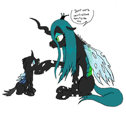 Size: 986x890 | Tagged: safe, artist:d3monickitty666, artist:the-laughing-horror, edit, queen chrysalis, changeling, changeling queen, nymph, g4, baby changeling, cute, cutealis, cuteling, dialogue, digital art, female, mommy chrissy, mother and child, ms paint, sad, simple background, starvation, white background