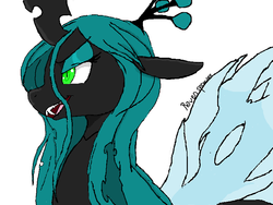 Size: 810x608 | Tagged: dead source, safe, artist:d3monickitty666, queen chrysalis, changeling, changeling queen, g4, female, grin, ms paint, open mouth, solo