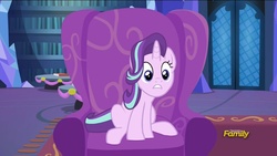 Size: 1008x567 | Tagged: safe, screencap, starlight glimmer, a hearth's warming tail, g4, discovery family logo, female, hypocrisy, sitting, solo