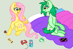 Size: 992x662 | Tagged: safe, artist:moonsongmlp, fluttershy, oc, oc:vanna melon, pony, g4, apple, bed, blanket, candy bar, controller, cookie, food, iphone, pillow, soda