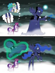 Size: 1440x1920 | Tagged: safe, artist:zoarvek, princess celestia, princess luna, snowfall frost, spirit of hearth's warming yet to come, starlight glimmer, a hearth's warming tail, g4, cloak, clothes, impossibly long legs, long legs, luna is not amused, unamused