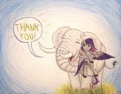 Size: 1012x790 | Tagged: safe, artist:thefriendlyelephant, oc, oc only, oc:evening howler, oc:obi, elephant, pegasus, pony, duo, feather, grass, size difference, speech bubble, thank you art, thank you gift, traditional art, trunk, trunkhug, tusk