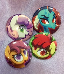 Size: 1104x1280 | Tagged: safe, artist:dawnfire, apple bloom, princess ember, scootaloo, sweetie belle, dragon, g4, button, buttons, colored pupils, cutie mark crusaders, irl, looking at you, merchandise, photo