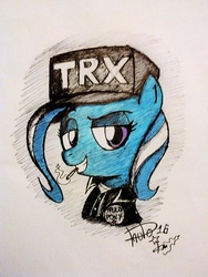 Size: 720x960 | Tagged: safe, artist:suicidemachine363, trixie, pony, unicorn, g4, cigarette, clothes, female, looking at you, mare, smoking, solo, traditional art