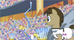 Size: 856x471 | Tagged: safe, screencap, doctor whooves, stormbreaker, time turner, earth pony, pony, equestria games (episode), g4, equestria games, ice arrows, male, stallion