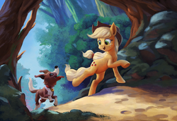 Size: 1200x824 | Tagged: dead source, safe, artist:maggwai, applejack, winona, earth pony, pony, g4, duo, female, looking at each other, mare, open mouth, running, scenery, tongue out, tree, underhoof