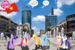 Size: 900x600 | Tagged: safe, artist:trungtranhaitrung, applejack, derpy hooves, fluttershy, pinkie pie, rainbow dash, rarity, twilight sparkle, alicorn, pony, g4, clothes, female, fountain, gif, helicopter, ho chi minh city, irl, language, mane six, mare, non-animated gif, photo, ponies in real life, quotes, skyscraper, swimsuit, talking, tower, twilight sparkle (alicorn), vector, vietnam, wet, wet mane, wet mane rarity