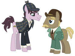 Size: 2553x1897 | Tagged: safe, artist:sketchmcreations, modus ponens, natural deduction, a hearth's warming tail, g4, bowler hat, clothes, coat, deerstalker, detective, hat, inkscape, john watson, moustache, necktie, reference, sherlock holmes, simple background, transparent background, vector, watson