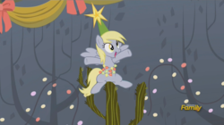 Size: 1477x826 | Tagged: safe, edit, edited screencap, screencap, derpy hooves, pegasus, pony, a hearth's warming tail, g4, cactus, christmas lights, dendrophilia, derpy star, discovery family logo, female, fetish, hat, literal butthurt, mare, pain, photoshop, solo, stars, this will end in pain, this will end in pain and/or death