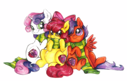 Size: 1136x732 | Tagged: safe, artist:buttersprinkle, apple bloom, scootaloo, sweetie belle, g4, clothes, cute, cutie mark, cutie mark crusaders, scarf, shared clothing, shared scarf, the cmc's cutie marks, traditional art