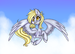 Size: 1024x743 | Tagged: safe, artist:pinipy, derpy hooves, pegasus, pony, g4, cloud, female, flying, mare, solo, tongue out