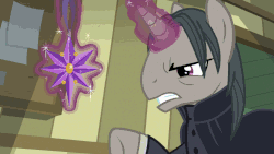 Size: 768x432 | Tagged: safe, screencap, professor flintheart, snowfall frost, starlight glimmer, a hearth's warming tail, animated, classroom, decoration, destruction, female, filly, filly starlight glimmer, floppy ears, levitation, little crackly pieces, magic, puppy dog eyes, pure unfiltered evil, ribbon, sad, school, severus snape, slow motion, stars, telekinesis, younger