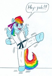 Size: 704x1010 | Tagged: safe, artist:jose-ramiro, rainbow dash, anthro, g4, black belt, clothes, female, gi, headband, karate, pants, robe, simple background, solo, white background