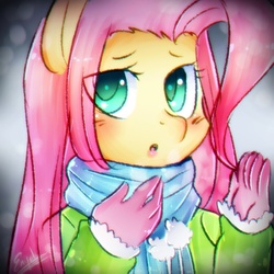 Size: 1024x1024 | Tagged: safe, artist:enyelita, fluttershy, pegasus, anthro, g4, clothes, cold, female, gloves, scarf, solo