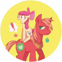 Size: 661x661 | Tagged: safe, artist:tamaki, apple bloom, big macintosh, earth pony, pony, g4, adorabloom, apple bloom riding big macintosh, brother and sister, cute, female, filly, foal, macabetes, male, open mouth, ponies riding ponies, riding, siblings, simple background, stallion, sweet dreams fuel
