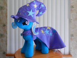 Size: 2000x1500 | Tagged: safe, artist:equestriaplush, trixie, pony, unicorn, g4, female, irl, mare, photo, plushie, solo, trixie's cape, trixie's hat