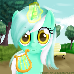 Size: 3000x3000 | Tagged: safe, artist:0okami-0ni, lyra heartstrings, pony, unicorn, g4, bench, female, looking at you, lyre, magic, musical instrument, smiling, solo, telekinesis, tree