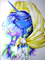 Size: 1200x1600 | Tagged: safe, artist:aerolp, princess luna, g4, cloak, clothes, female, frown, heart eyes, solo, traditional art, wingding eyes