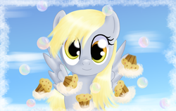 Size: 1900x1200 | Tagged: safe, artist:0okami-0ni, derpy hooves, pegasus, pony, g4, bubble, female, food, looking at you, mare, muffin, solo, wallpaper
