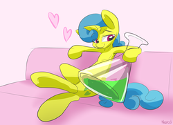 Size: 1024x741 | Tagged: safe, artist:neoncel, lemon hearts, g4, bedroom eyes, cargo ship, couch, erlenmeyer flask, eyes on the prize, female, flask, heart, shipping, sitting, smiling, solo, underhoof