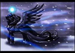 Size: 3710x2645 | Tagged: safe, artist:stormblaze-pegasus, princess luna, spirit of hearth's warming yet to come, a hearth's warming tail, g4, blizzard, cloak, clothes, female, glowing horn, high res, horn, raised hoof, snow, snowfall, solo