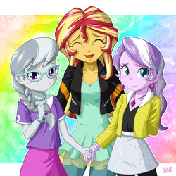 Size: 1000x1000 | Tagged: safe, artist:uotapo, diamond tiara, silver spoon, sunset shimmer, human, equestria girls, g4, blushing, colored pupils, cute, diamondbetes, ear piercing, earring, female, holding hands, jewelry, piercing, shimmerbetes, shipper on deck, silverbetes, sunset helper, trio, trio female, uotapo is trying to murder us