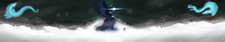 Size: 5760x1080 | Tagged: safe, artist:brisineo, princess luna, snowfall frost, spirit of hearth's warming yet to come, starlight glimmer, windigo, a hearth's warming tail, g4, cloak, clothes, cloud, glowing eyes, high res, ice, lens flare, ruins, snow, snowfall