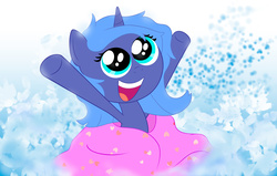 Size: 6320x4032 | Tagged: safe, artist:solid32, princess luna, g4, :d, absurd resolution, blanket, female, filly, solo, woona