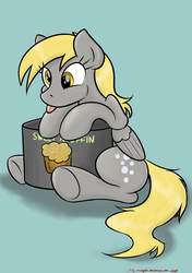 Size: 2047x2911 | Tagged: safe, artist:orang111, derpy hooves, pegasus, pony, g4, box, case, cute, derpabetes, female, food, high res, hug, mare, muffin, sitting, solo, tongue out