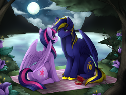 Size: 2000x1500 | Tagged: safe, artist:mr-tiaa, twilight sparkle, oc, oc:zephyr, alicorn, pony, g4, backwards cutie mark, blushing, canon x oc, engagement ring, female, flower, lake, looking at each other, mare, moon, mountain, night, picnic blanket, shipping, sitting, spread wings, twilight sparkle (alicorn), twiphyr