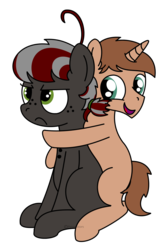 Size: 800x1200 | Tagged: safe, artist:peternators, oc, oc only, oc:heroic armour, oc:squeaky pitch, colt, cuddling, female, filly, grumpy, happy, hug, male, simple background, snuggling, transparent background, younger
