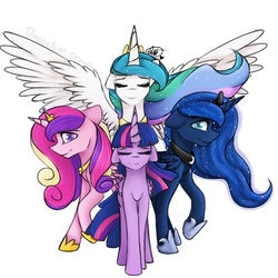 Size: 689x689 | Tagged: safe, artist:doodlepaintdraws, princess cadance, princess celestia, princess luna, twilight sparkle, alicorn, pony, g4, alicorn tetrarchy, female, floppy ears, mare, twilight sparkle (alicorn)