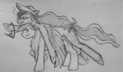 Size: 1024x603 | Tagged: safe, artist:alexdemitri, applejack, princess luna, pony, g4, accessory swap, deviantart watermark, drunk, drunk luna, duo, grayscale, monochrome, obtrusive watermark, pointing, ponies riding ponies, riding, spread wings, traditional art, watermark