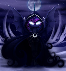 Size: 2800x3000 | Tagged: safe, artist:magnaluna, princess luna, spirit of hearth's warming yet to come, pony, a hearth's warming tail, g4, bat wings, cloak, clothes, female, frown, glowing eyes, high res, mare, moon, night, solo, spread wings