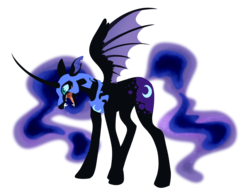Size: 2389x1869 | Tagged: safe, artist:z0mb1e-cat, nightmare moon, g4, bat wings, curved horn, female, growling, horn, simple background, solo, spread wings, transparent background