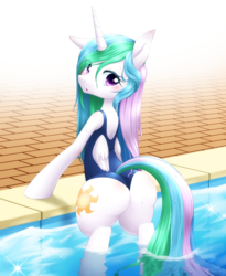 Size: 931x1134 | Tagged: safe, artist:hashioaryut, princess celestia, alicorn, pony, semi-anthro, g4, blue swimsuit, blushing, butt, clothes, cute, cutelestia, female, looking at you, mare, one-piece swimsuit, open-back swimsuit, pixiv, plot, solo, sunbutt, swimming pool, swimsuit, wedgie, wet mane