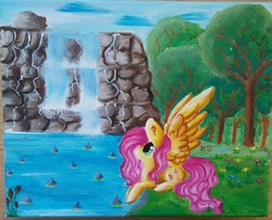 Size: 1245x1005 | Tagged: safe, artist:derpiak012, fluttershy, g4, lake, looking up, prone, spread wings, traditional art, water, waterfall