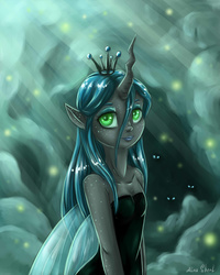 Size: 1600x2000 | Tagged: safe, artist:alina-sherl, queen chrysalis, firefly (insect), human, g4, cave, crepuscular rays, cute, cutealis, elf ears, female, freckles, glowing eyes, horn, horned humanization, humanized, pony coloring, shoulder freckles, solo, winged humanization